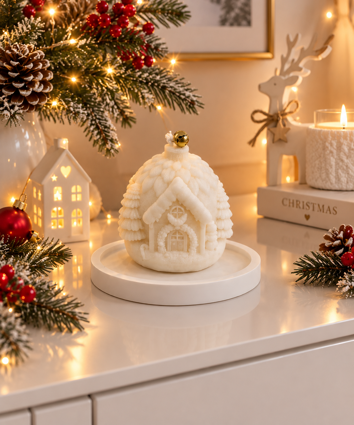 PALLINA DI NATALE CON CASETTA E ALBERI