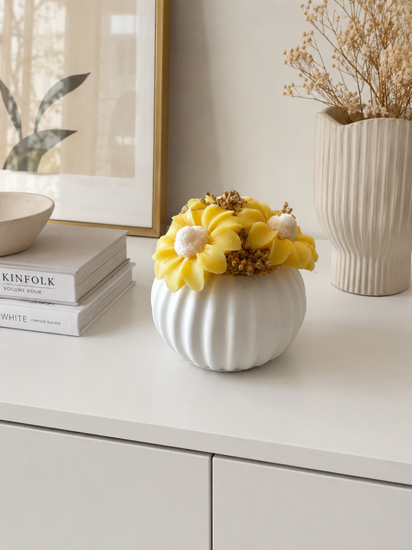 BOUQUET DI CANDELE PROFUMATE - VASO TONDO RIGHE MARGHERITE