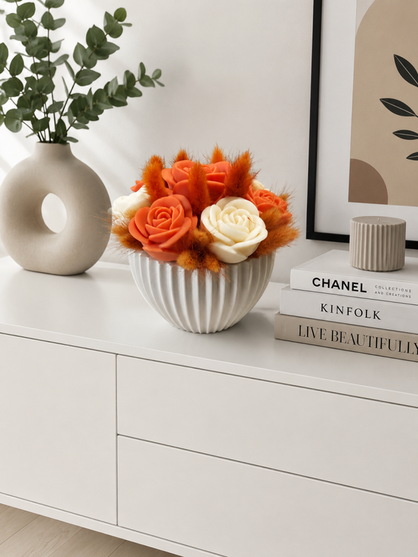 BOUQUET DI CANDELE PROFUMATE - VASO SVASATO RIGATO ROSE