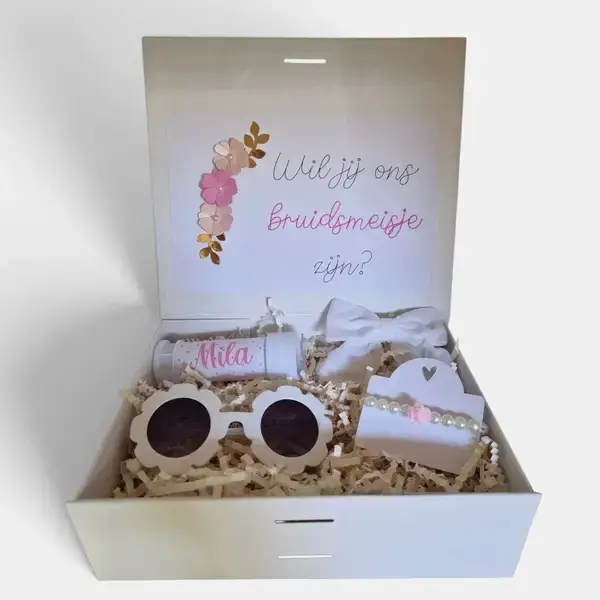 Bloemenmeisje of bruidsmeisje kind vragen – gepersonaliseerde cadeaubox