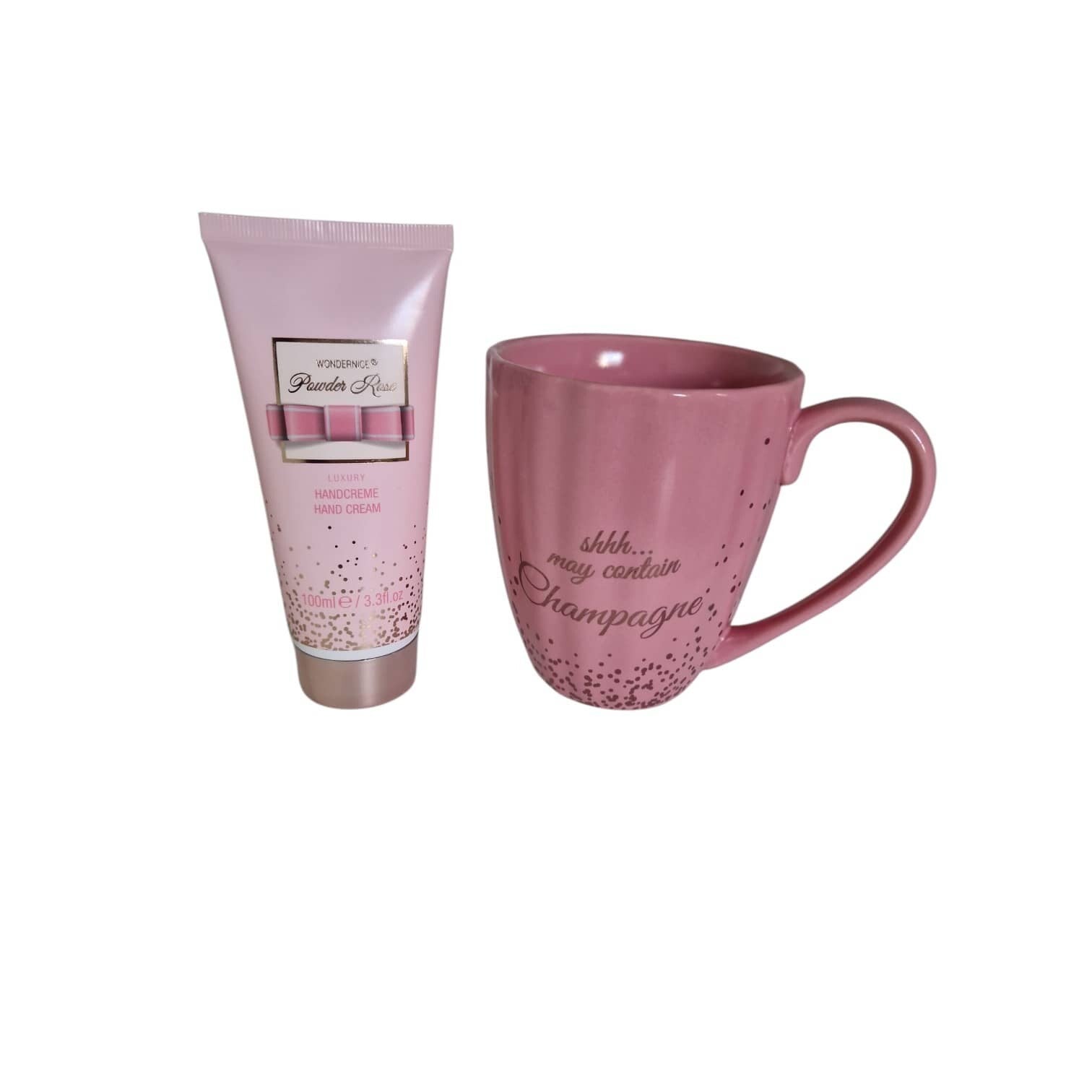 Cadeauset roze mok "Sssh… may contain champagne" + handcrème 100 ml