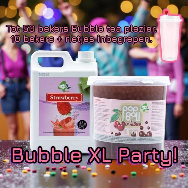 Bubble Party XL – Goed voor ± 50 bekers bubble tea – Aardbei Siroop 2.5kg + Kers Popping Boba 3.2kg