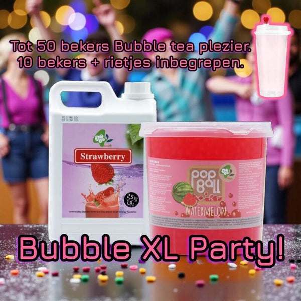 Bubble Party XL – Goed voor ± 50 bekers bubble tea – Aardbei Siroop 2.5kg + Watermeloen Popping Boba 3.2kg