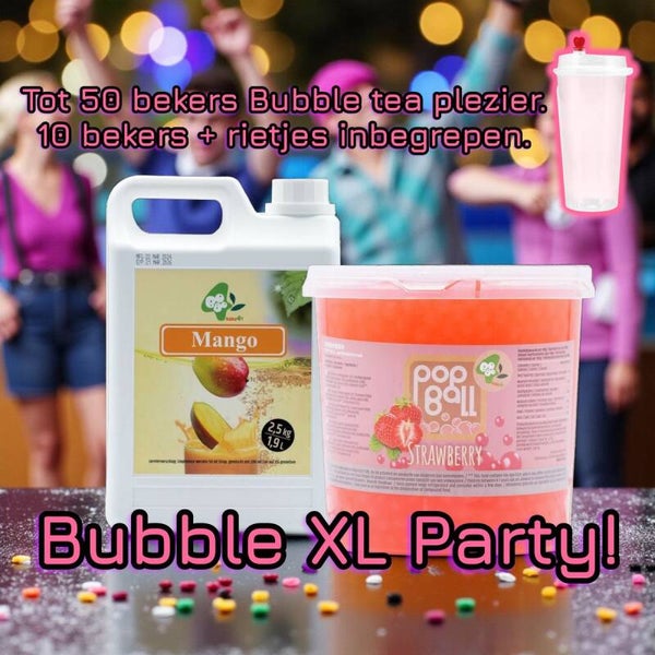 Bubble Party XL – Goed voor ± 50 bekers bubble tea – Mango Siroop 2.5kg + Aardbei Popping Boba 3.2kg
