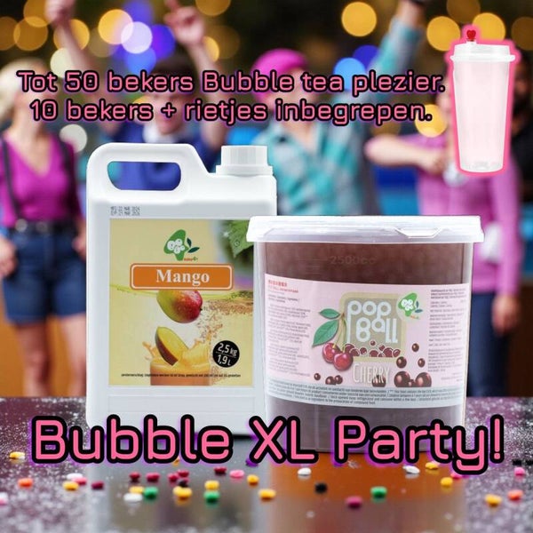 Bubble Party XL – Goed voor ± 50 bekers bubble tea – Mango Siroop 2.5kg + Kers Popping Boba 3.2kg