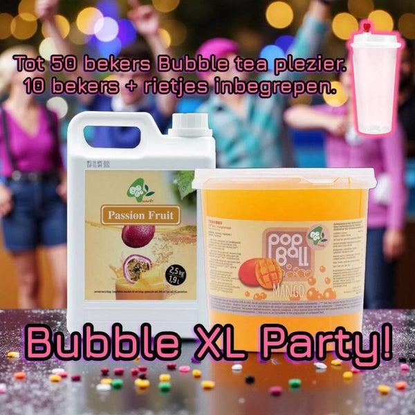 Bubble Party XL – Goed voor ± 50 bekers bubble tea – Passievrucht Siroop 2.5kg + Mango Popping Boba 3.2kg