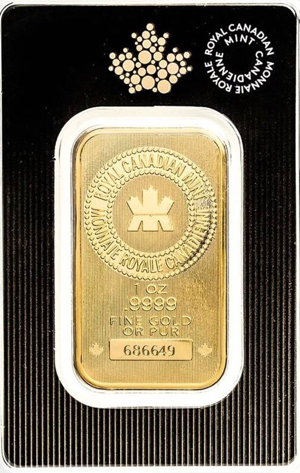 1 oz Gold Bar - Royal Canadian Mint New Design (In Assay)