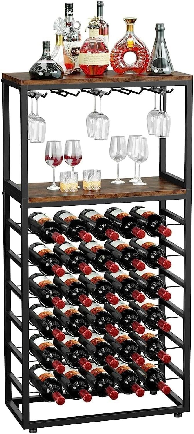 Weinregal für 30 Flaschen, Freistehender Flaschenregal mit Glashalter und Tischplatte