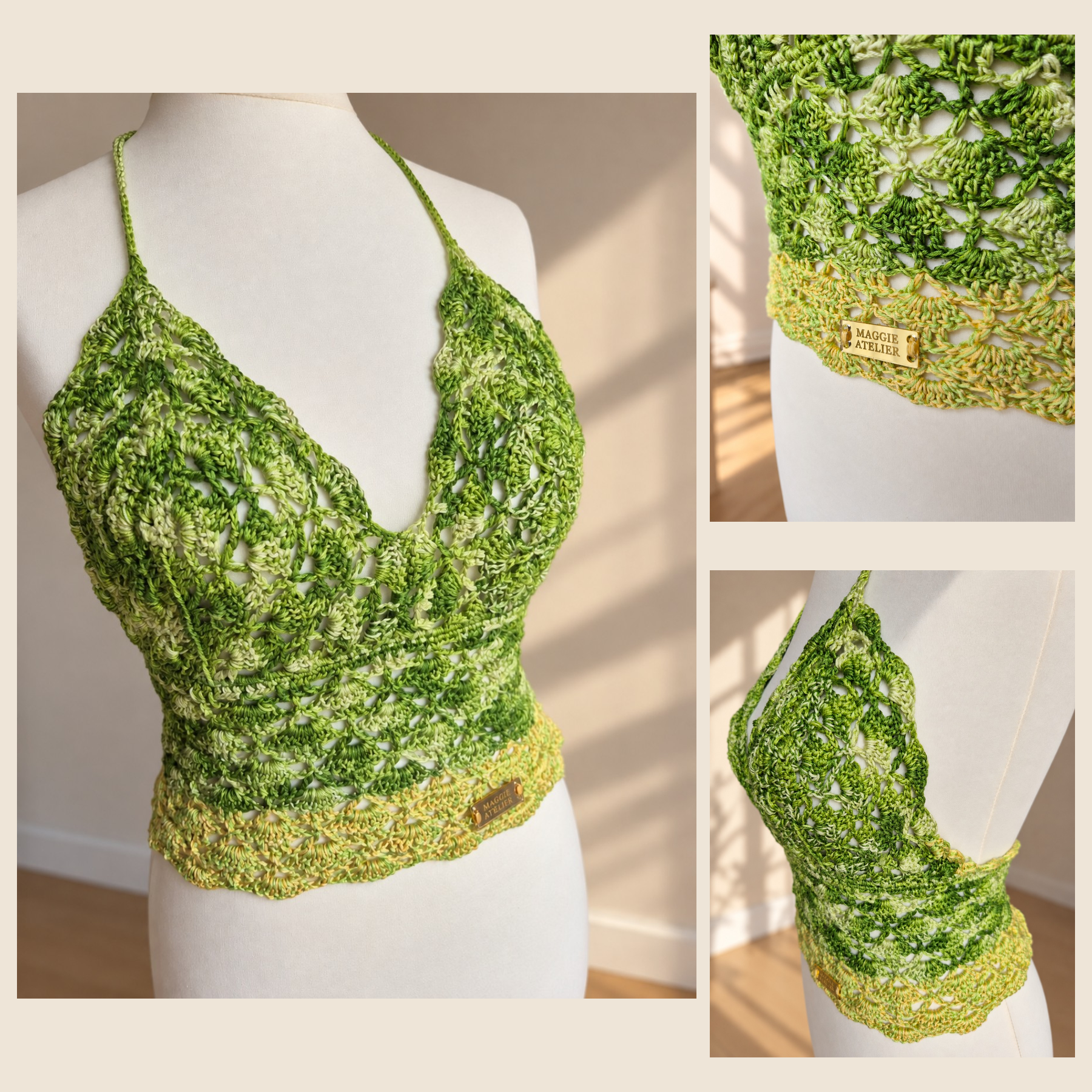 Handmade Crochet Halter Top – Green – Size S