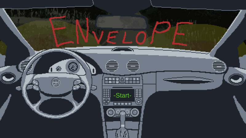 Start screen of indie game "ENVELOPE".  It is a pixel art car interior looking out through the windscreen.  The title of the game is written across the windscreen.