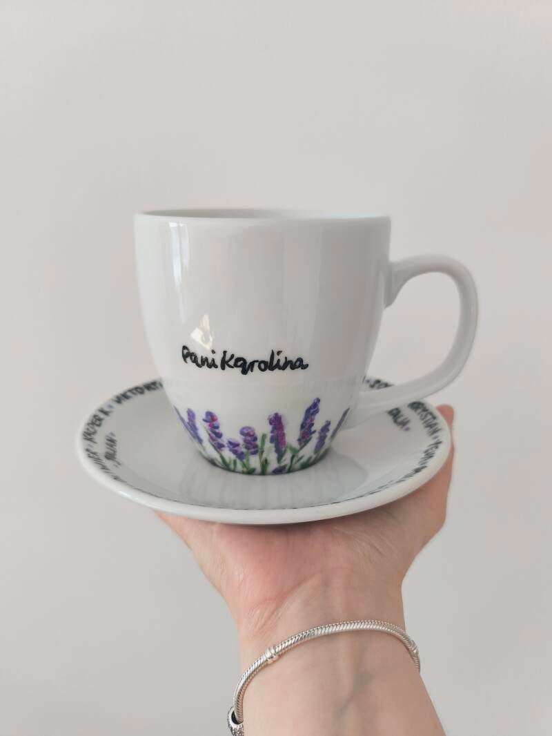 Ręcznie malowany kubek z kwiatowym motywem i napisem „Dziękujemy!”, elegancki prezent.