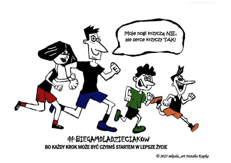 Ręcznie malowana ilustracja biegających ludzi na T-shirt, dynamiczny nadruk sportowy.