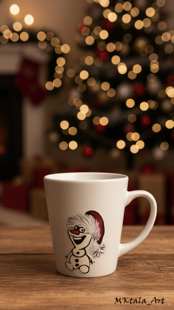 Kubek świąteczny z ręcznie zdobionym motywem choinki i reniferów, elegancki i praktyczny.