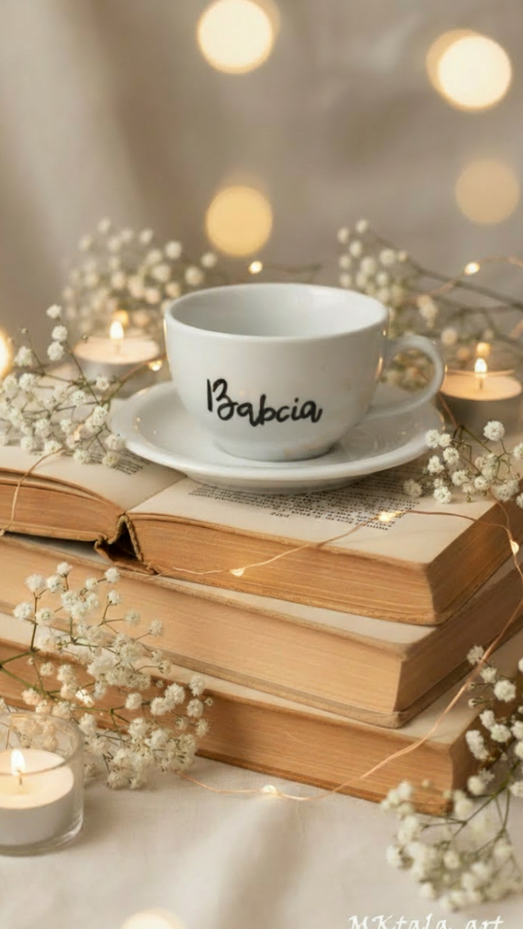 Kubek ręcznie zdobiony z napisem „Dla Kochanej Babci”, prezent na Święta.