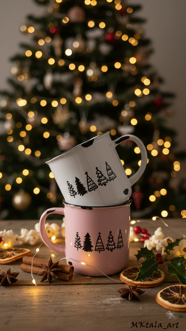 Kubek świąteczny z unikalnym ręcznym motywem zimowego krajobrazu, idealny do kawy lub herbaty.