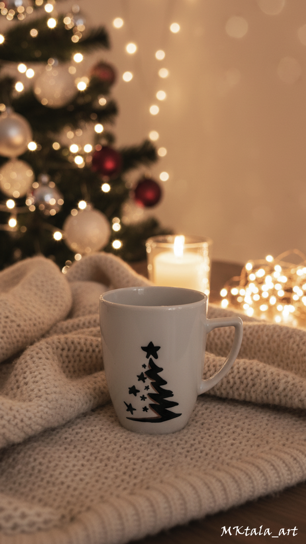 Kubek świąteczny ręcznie malowany z motywem świątecznych gwiazdek i bombek, doskonały na prezent.