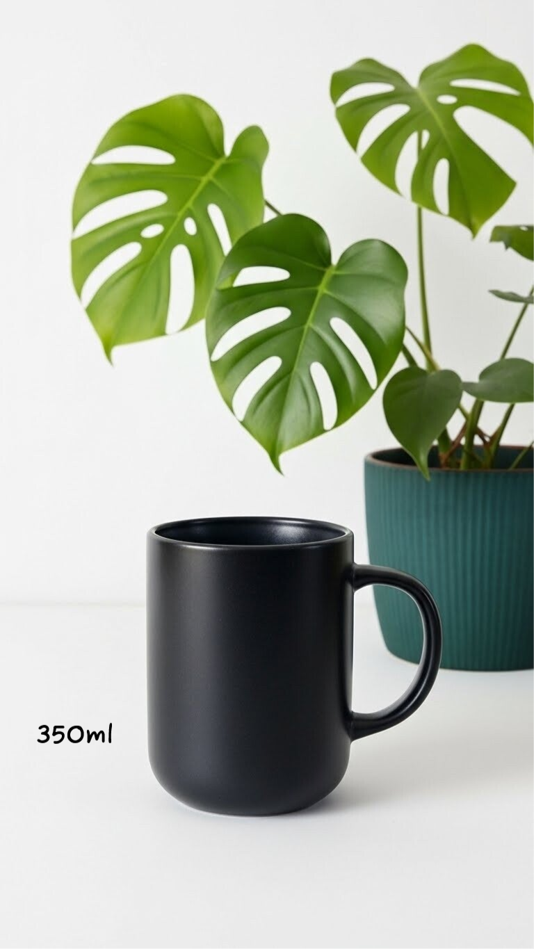 Klasyczny porcelanowy czarny  kubek do kawy z zaokrąglonym dnem, idealny do serwowania ulubionych napojów.