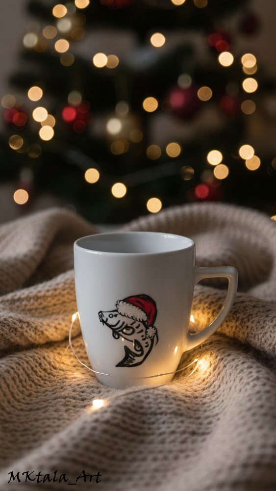 Porcelanowy kubek z ręcznie malowanym wzorem zimowych śnieżynek i ozdób, idealny na święta.