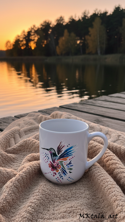 Kubek z ręcznie zdobionym motywem jelenia, elegancki i trwały.