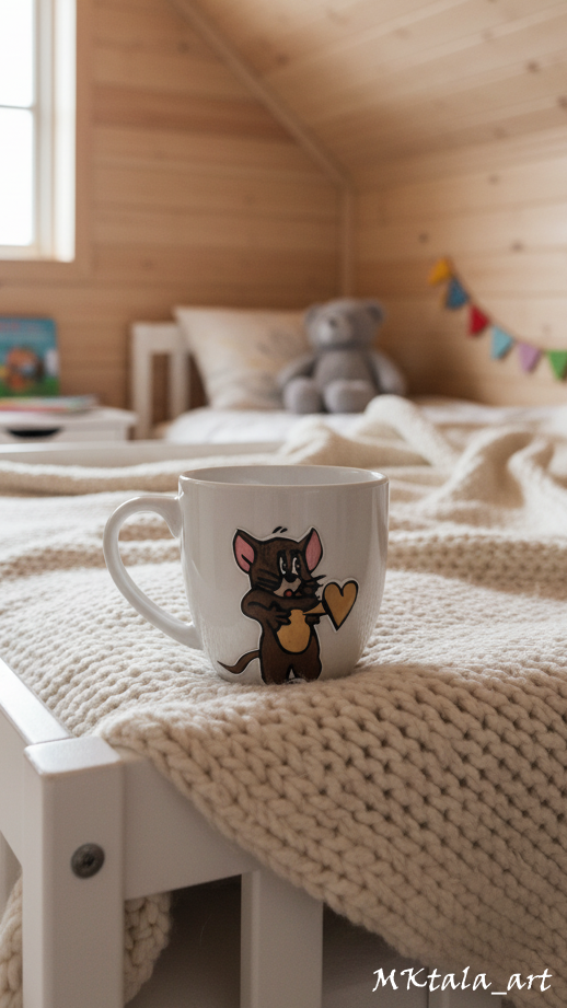 Kubek z ręcznie malowaną sową nocną, elegancki i trwały.