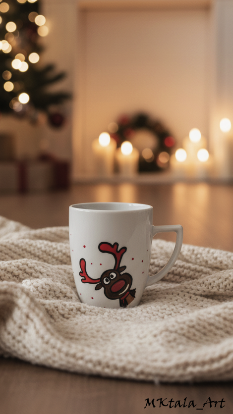 Ręcznie zdobiony kubek świąteczny z motywem reniferów i świątecznych lampek, elegancki i trwały.