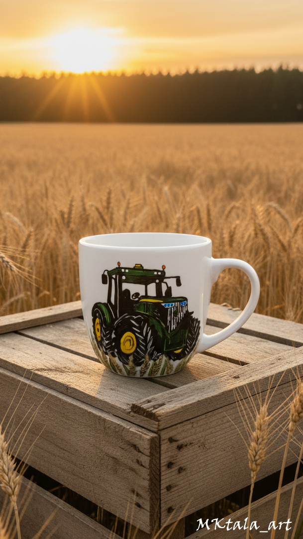 Ręcznie malowany kubek dla fana motoryzacji, elegancki i funkcjonalny.