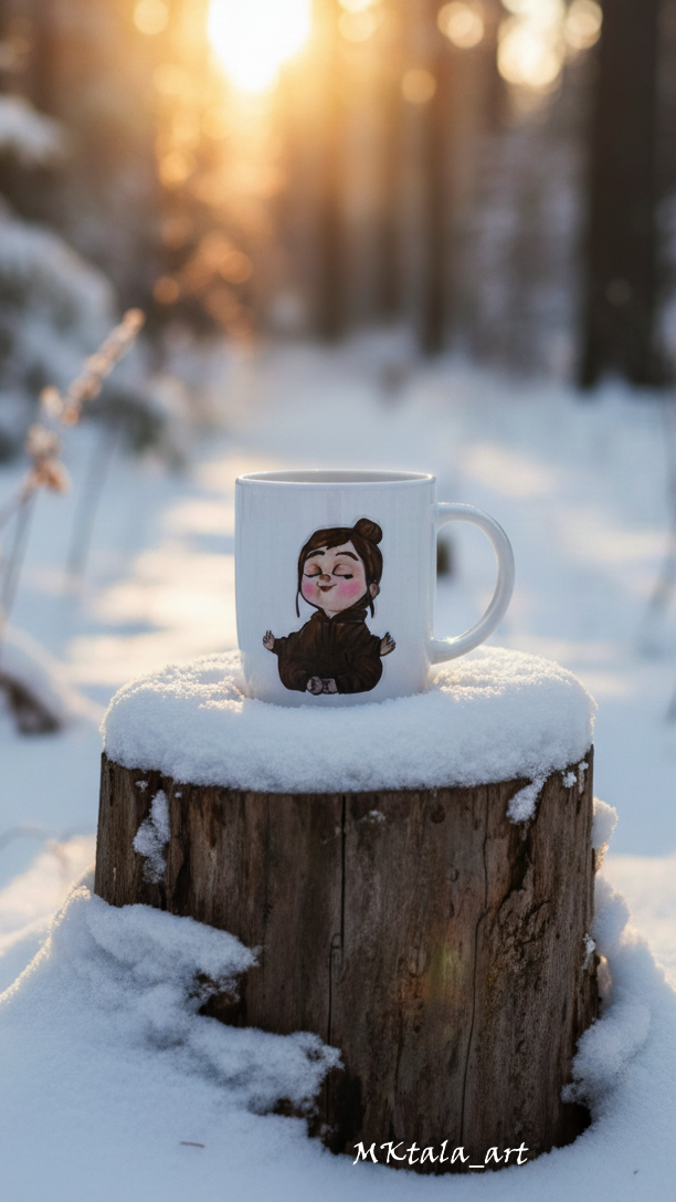 Kubek z ręcznie zdobionym napisem „Czas na kawę”, praktyczny i stylowy.