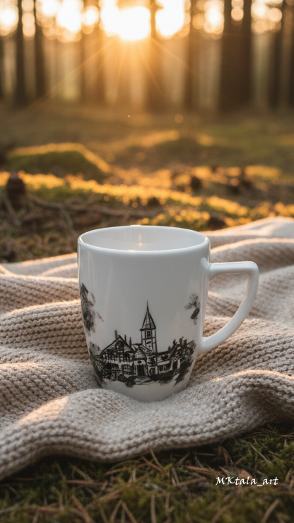 Ręcznie malowany kubek z napisem „Twój dzień, Twoja kawa”, idealny do biura.