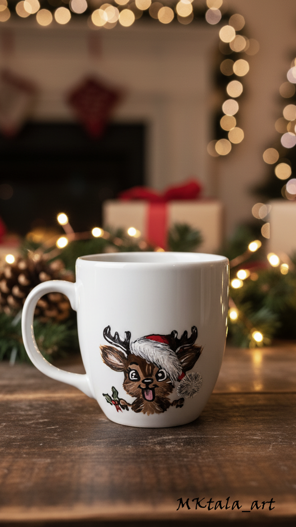 Porcelanowy kubek z zimowym, ręcznie malowanym wzorem gwiazdek i śnieżynek.