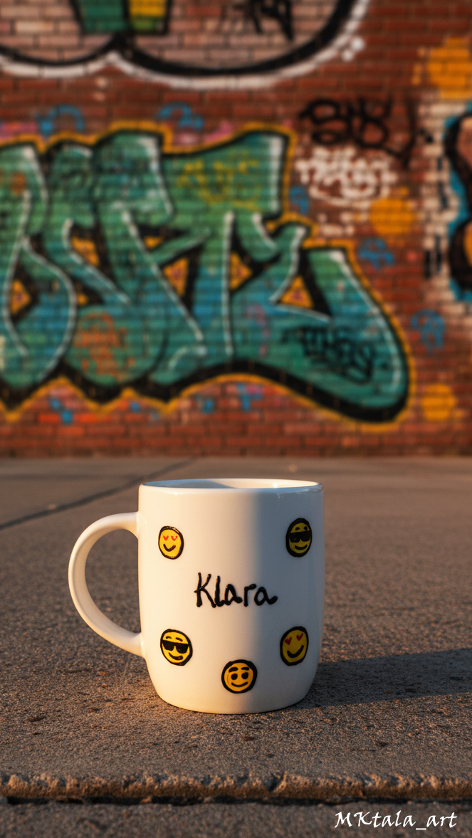 Kubek ręcznie zdobiony z sentencją „Kocham kawę”, praktyczny i elegancki.