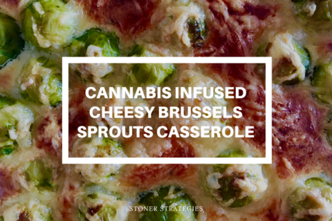 A golden, bubbling Cannabis Cheesy Brussels Sprouts Casserole with bacon and melted Gruyère in an oven-safe skillet, perfect for cannabis edibles.