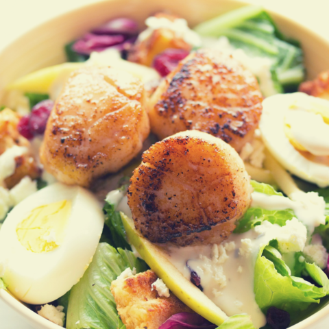 A beautifully plated salad topped with seared scallops, sliced hard-boiled eggs, feta cheese, and a creamy Dijon Dressing
