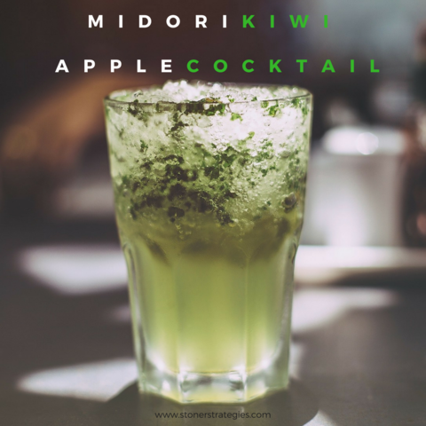 A vibrant Midori Kiwi Apple Cannabis Cocktail with fresh fruit slices and mint, a perfect party choice for cannabis edibles and Stoner Strategies fans