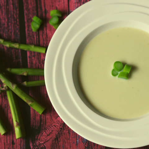 A bowl of creamy, cannabis green asparagus soup edibles recipe