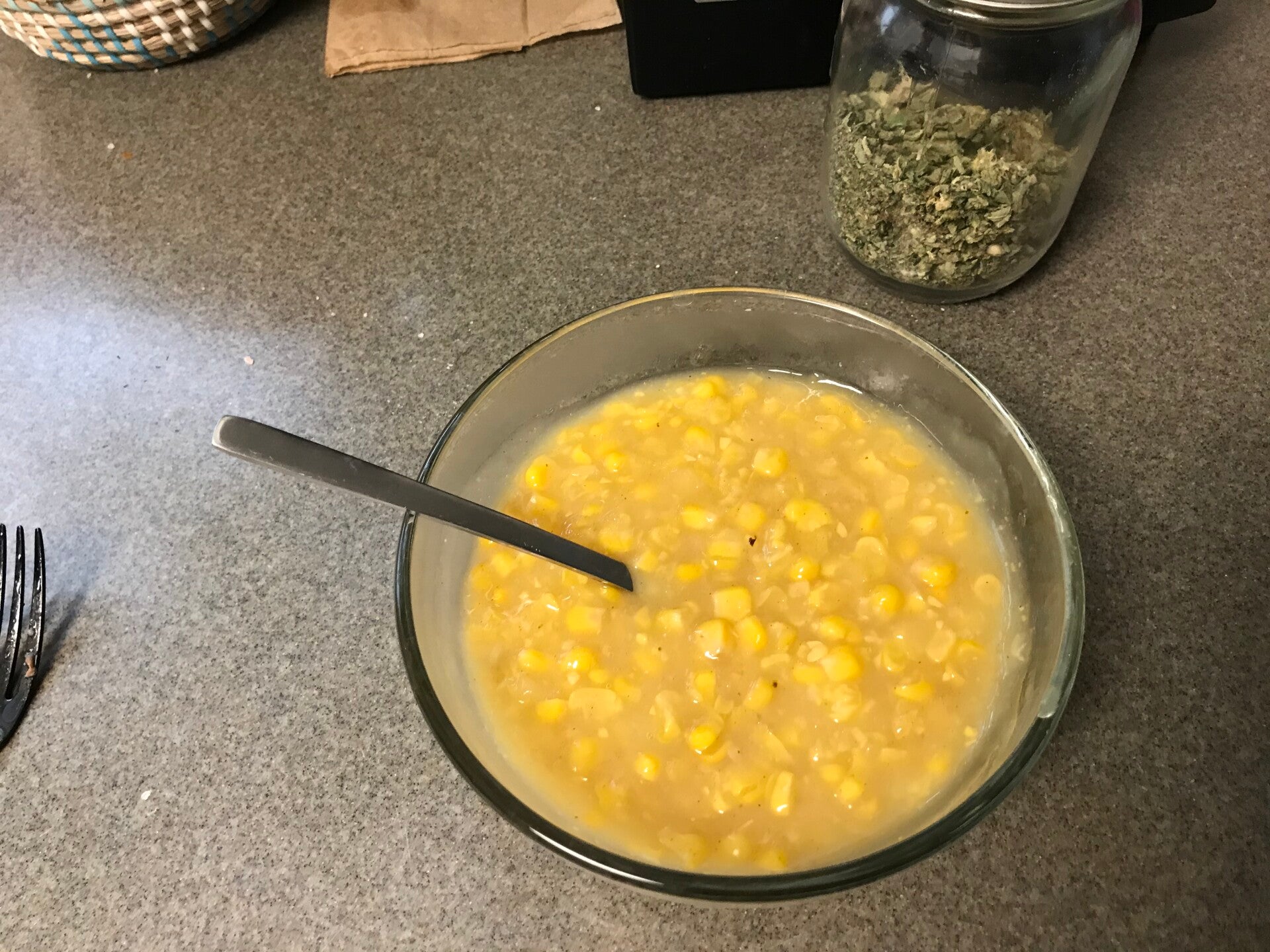 A bowl of Cannabis Canned Creamed Corn, the perfect side dish for cannabis edibles and Stoner Strategies enthusiasts