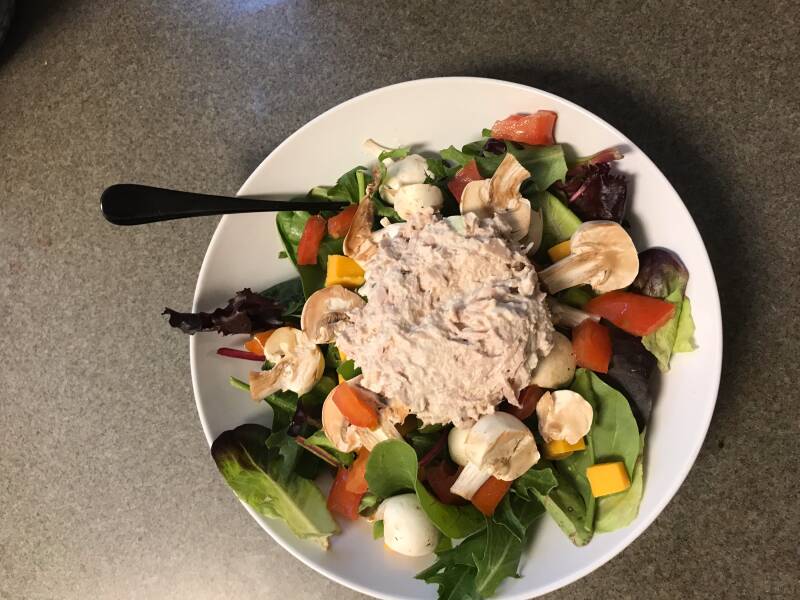 A bowl of Tuna Fish Salad with Cannabis Balsamic Vinaigrette, perfect for cannabis edibles and Stoner Strategies enthusiasts