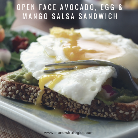 Crispy toast topped with mashed avocado, vibrant mango salsa, and a sunny-side-up fried egg