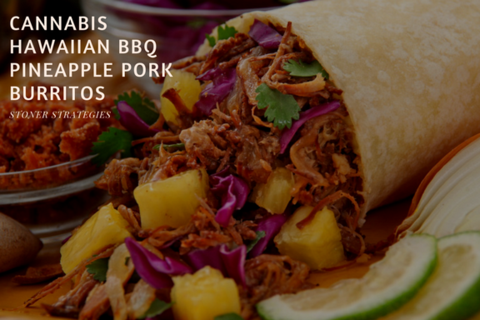 A delicious Hawaiian-style pork burrito on a plate, featuring a colorful pineapple and cabbage slaw