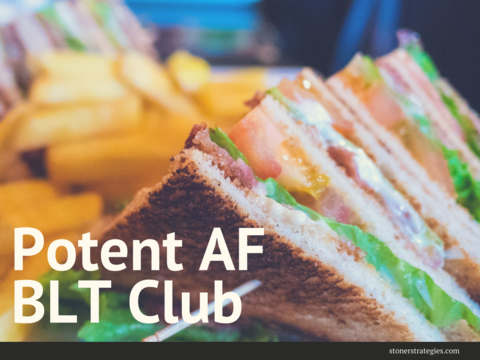 A stacked Cannabis BLT club sandwich on toasted white bread with crispy brown sugar bacon, fresh tomato slices, and butter lettuce