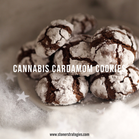 Rich Cannabis Cardamom Cookies with a cracked powdered sugar top, a perfect gourmet dessert for cannabis edibles and Stoner Strategies fans