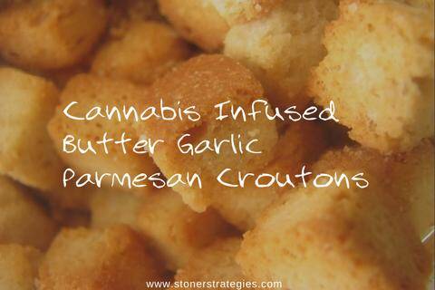 Golden brown homemade croutons topped with fresh parmesan cheese and herbs, perfect for soup topping