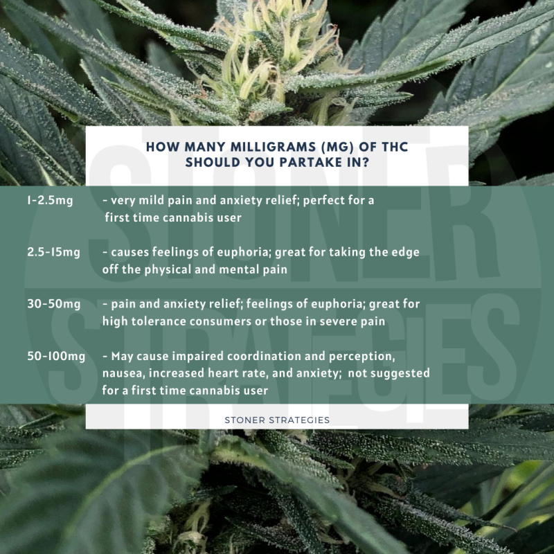 A chart showing THC dosage levels for cannabis edibles, provided by Stoner Strategies