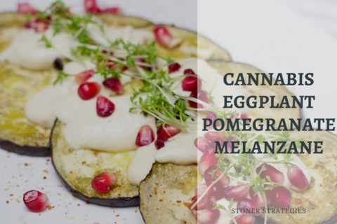 Roasted eggplant slices topped with a white buttermilk sauce, za'atar, and bright pomegranate seeds, a gourmet option for cannabis edibles and Stoner Strategies cooking