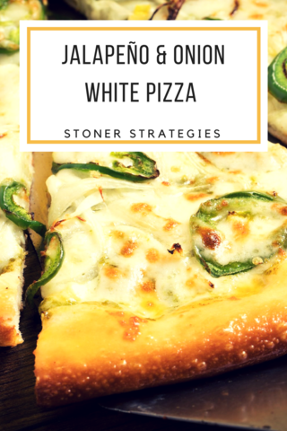 A golden-baked Cannabis Jalapeño Onion White Pizza topped with fresh jalapeno pepper rings and creamy cheese, ideal for cannabis edibles