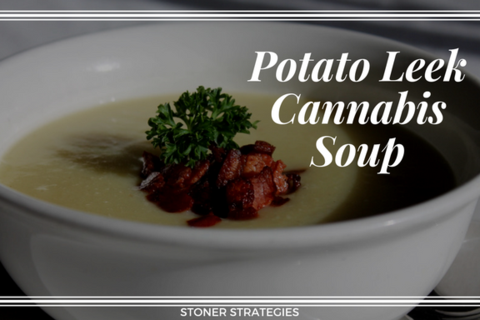 A bowl of smooth, cannabis creamy potato leek soup topped with crispy bacon crumbles