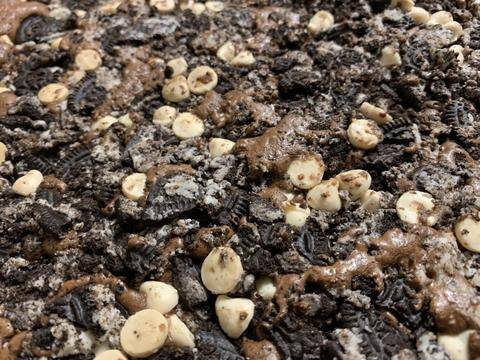 A tray of fresh-baked, fudgy Cannabis Oreo Brownies with white chocolate, a favorite for cannabis edibles and Stoner Strategies readers