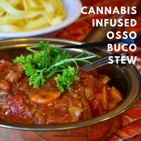 A rustic bowl of Cannabis Osso Buco Stew featuring tender veal, carrots, and plum tomatoes, a delicious option for cannabis edibles