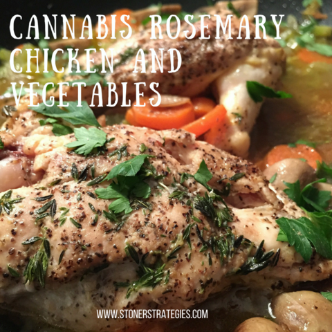 A rustic 9x13 pan featuring roasted chicken leg quarters, carrots, mushrooms, and celery topped with fresh herbs, suitable for cannabis edibles