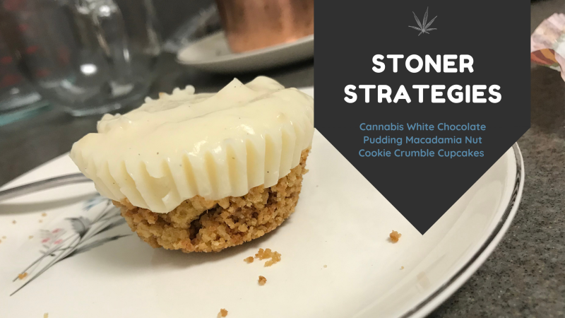 White Chocolate Pudding Macadamia Nut Cookie Crumble Cupcakes, perfect for cannabis edibles and stoner strategies enthusiasts.