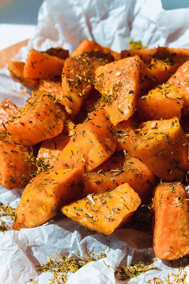 golden Slow Roasted Cannabis Herb Sweet Potatoes, a side dish for cannabis edibles and stoner strategies enthusiasts.